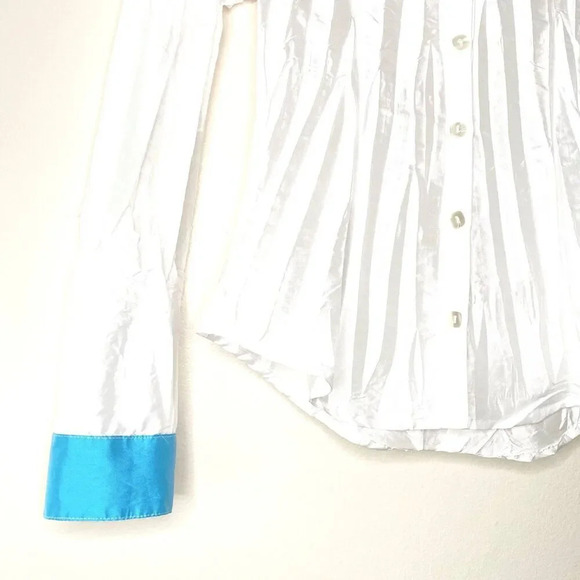 Beluva San Francisco Pleated Button Down Shirt Blouse White Blue Women's XS - Picture 8 of 10